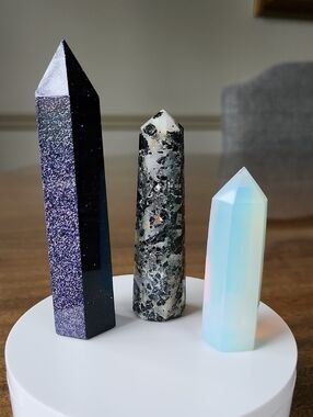 Crystal Towers, Set Of 3 Blue Goldstone, Black Tourmaline In Quartz, Opalite